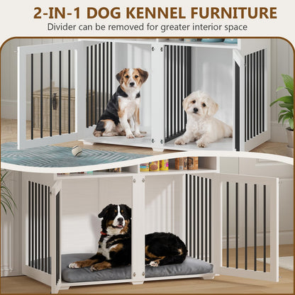 41 inch Dog Crate Furniture, Farmhouse Dog Kennel Indoor with Divider & Shelf Storage, Wooden Indoor Dog Crate for 2 Dogs, Decorative Pet Crate End Table for Large Dogs, White - WoodArtSupply