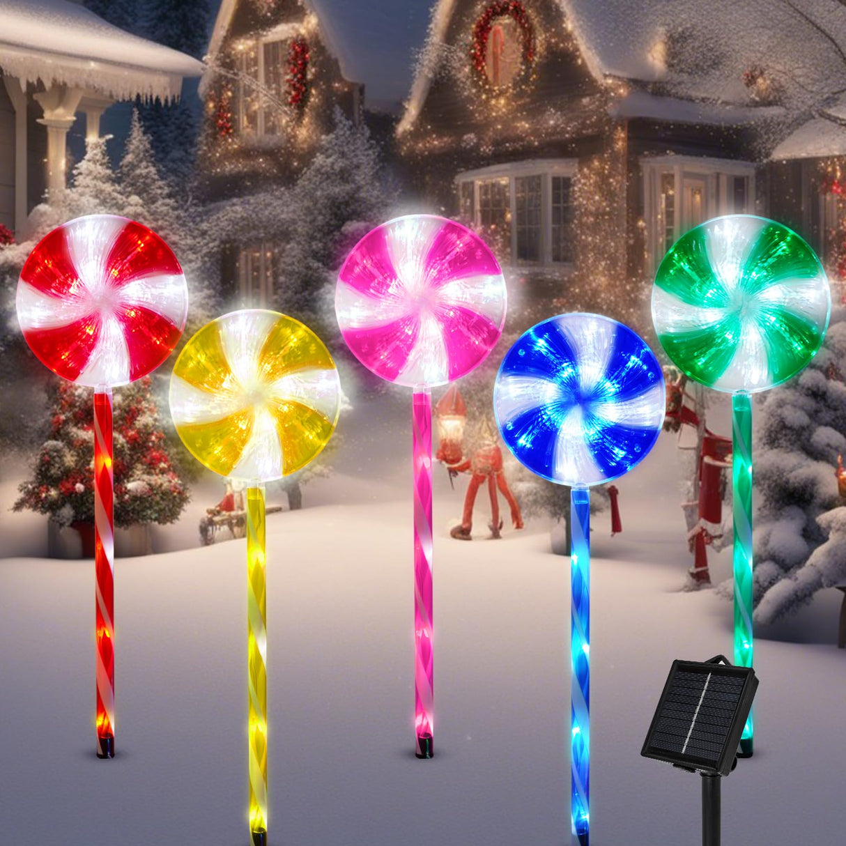 Outdoor Christmas Decorations Solar Pathway Lights, Set of 5 Lollipops Peppermint Stake Lights, 8 Modes Candy Cane Walkside Lights, Outdoor Xmas Decoration for Walkway,Yard ILLUMINEW