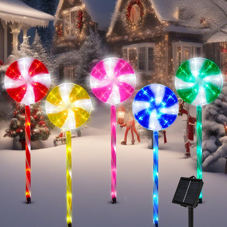 Outdoor Christmas Decorations Solar Pathway Lights, Set of 5 Lollipops Peppermint Stake Lights, 8 Modes Candy Cane Walkside Lights, Outdoor Xmas Decoration for Walkway,Yard ILLUMINEW