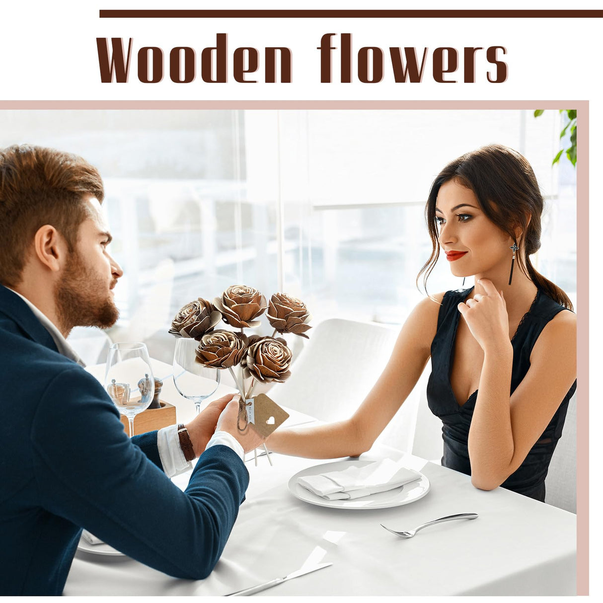 Hotop 5 Sets 5th Year Anniversary Wooden Rose Bouquet Artificial Wood Flower with Sticks Wedding Party Gift Label with Twine for Couple Gifts Women Home Centerpieces DIY Decoration Hotop