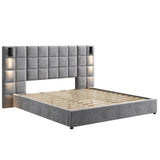 Christopher Knight Home Svens 46" High Headboard Bed, King Size Platform Bed Frame, Soft Velvet Upholstered California King Bed Frame, Square Pattern Design with Reading Lamps and USB Ports, Grey Christopher Knight Home