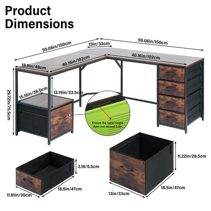 TOPSKY L-Shaped Desk Corner Computer Desk with 18.9" Depth Workstation, Cloth File Cabinet for Letter Size File Folder and 4 Cloth Storage Cabinets (Bamboo, 59 * 59 inch) - WoodArtSupply