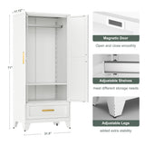 Washsemba 71'' Farmhouse Metal Wardrobe Cabinet with Hanging Rod, 2 Barn Door Wardrobe Closet with Adjustable Shelves,Drawer,for Dining Room,Bedroom,Living Room, Cloak Room,Office (White) Washsemba