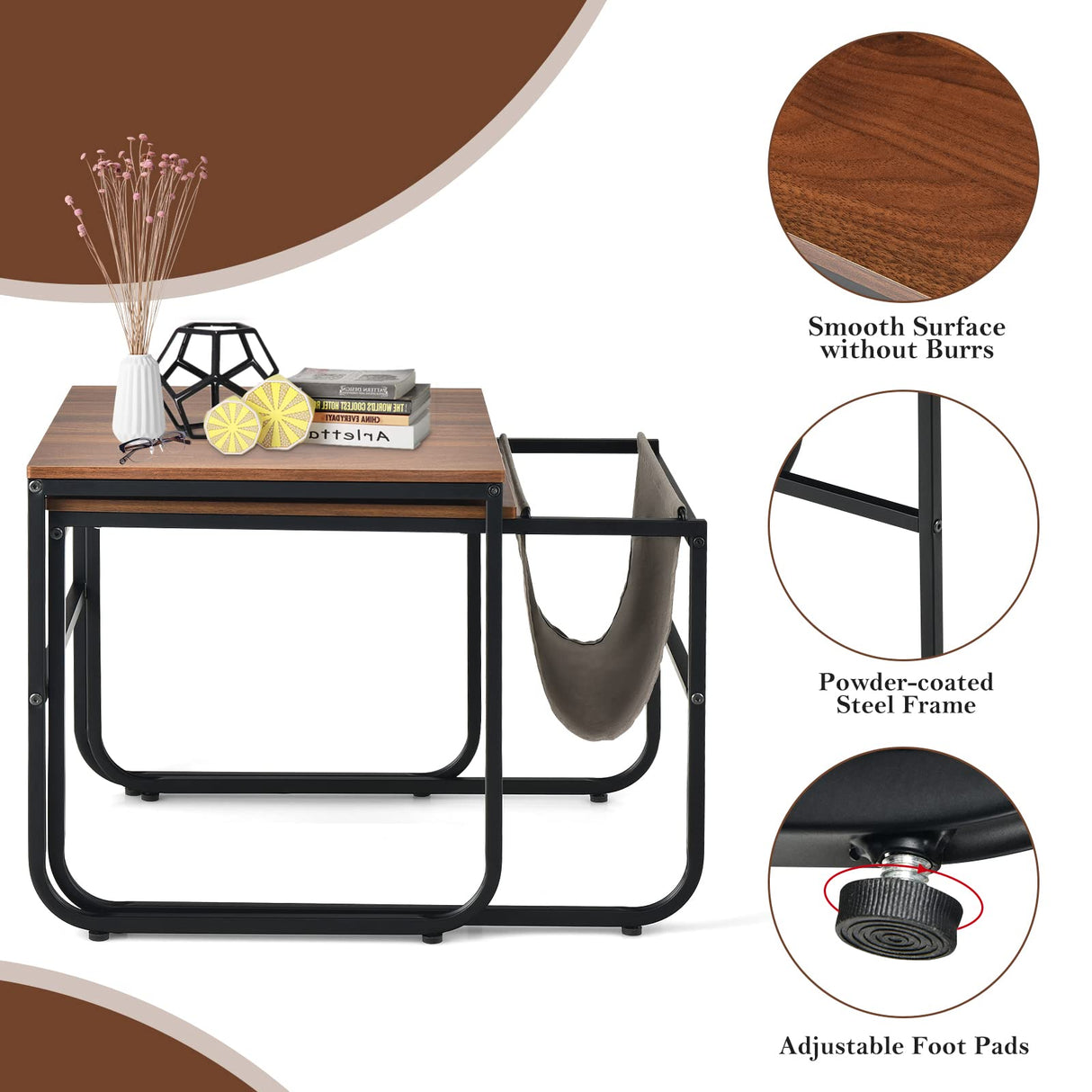 Giantex Nesting Coffee Table Set of 2, Stackable Side Table w/Side Pocket, Accent Nightstand, Industrial End Table w/Steel Frame for Living Room Bedroom Office, Easy Assembly, Rustic Brown Giantex
