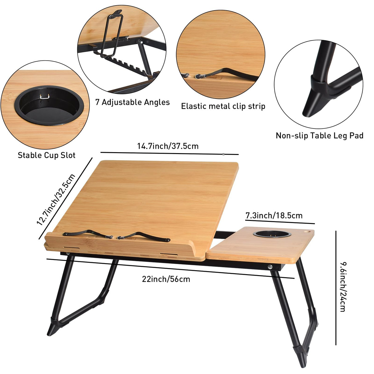 wishacc Book Stand for Reading in Bed, Bamboo Laptop Stand Adjustable Book Holder Tray with Page Paper Clips Multi Angles Adjustable Cooking Bookstands for Textbook Recipe Magazine Tablet Portable wishacc