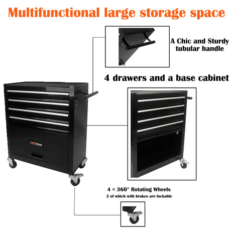 nifoti 4 Drawers Tool Cart on Wheels,Rolling Tool Box Tool Storage， Drawers Rolling Tool Box Organizer Tool Case for Garage, Warehouse, Workshop, nifoti