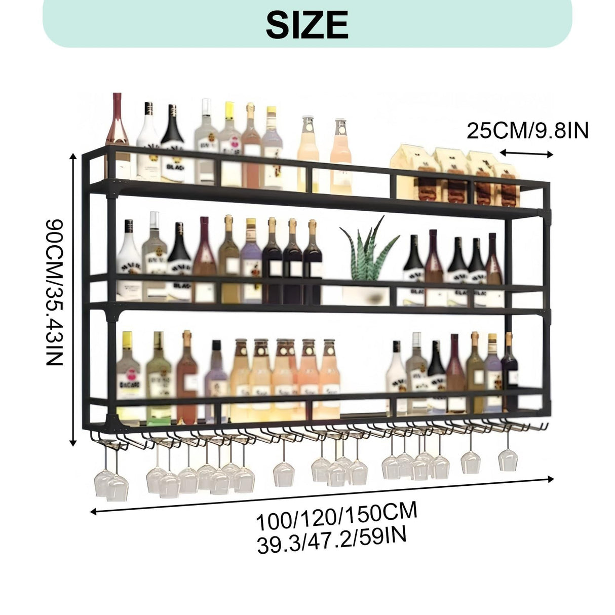 39.1in Wall Mounted Wine Rack, Wine Rack Wall Mounted With Wine Glass Rack, Metal Bar Bottle Display Shelf Wine Cups Hanging Holder, For Home Bar Cafe Dining Room Decoration (BLACK, 39.1*10*35.5IN) amhricho