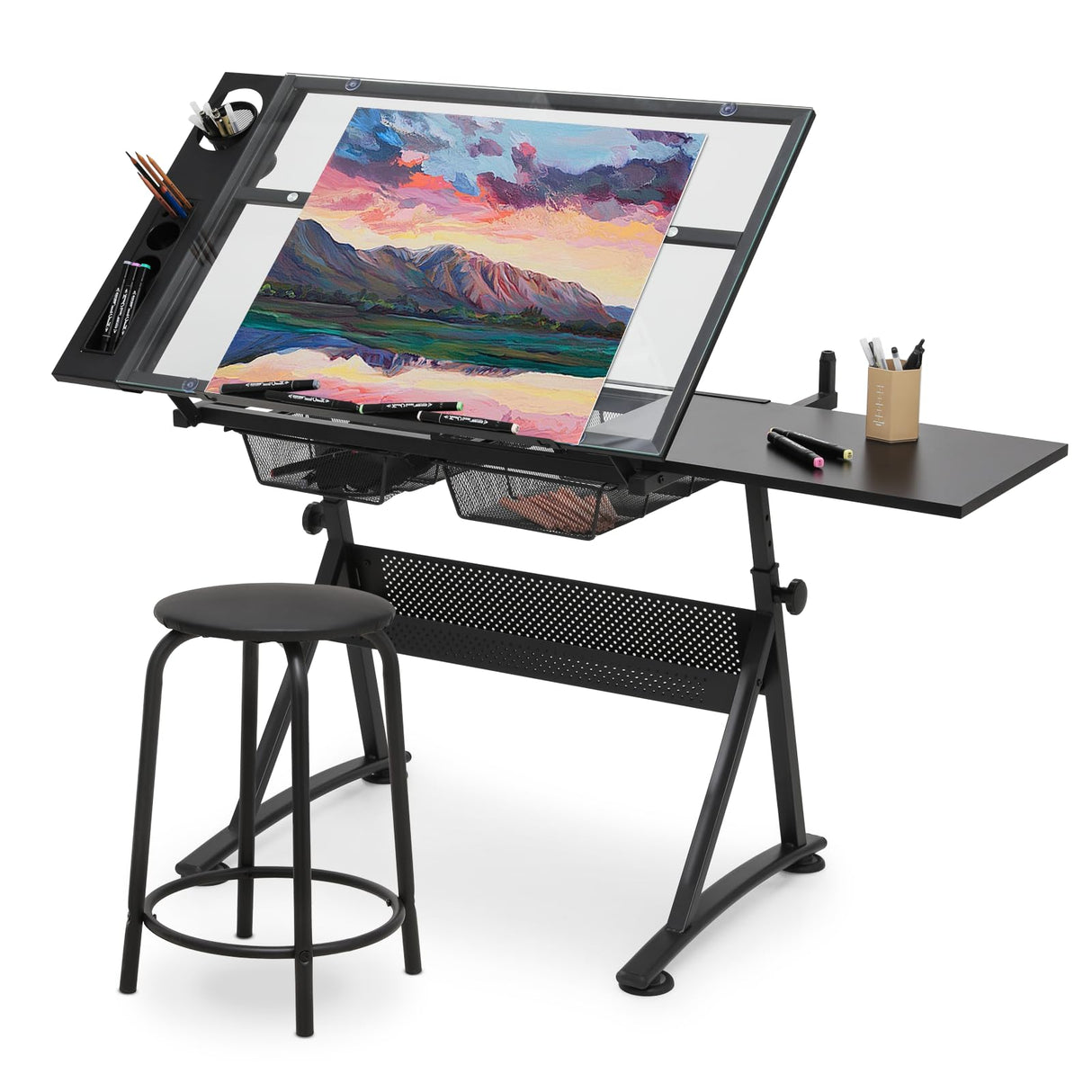 SFIHOME Adjustable Drafting Table & Stool Set, Art Desk with Additional Slide-Out Table Design, Versatile Drawing Table with Storage, for Art, Drafting and Creative Tasks, Black SFIHOME