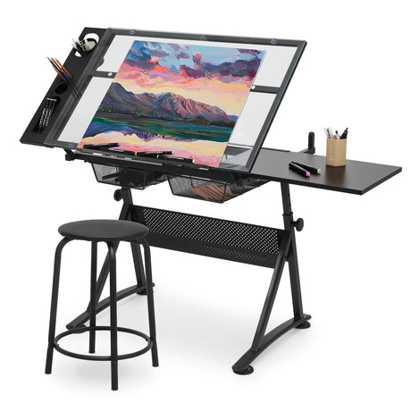 SFIHOME Adjustable Drafting Table & Stool Set, Art Desk with Additional Slide-Out Table Design, Versatile Drawing Table with Storage, for Art, Drafting and Creative Tasks, Black SFIHOME