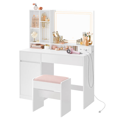 VASAGLE Vanity Desk with Mirror and Lights, Power Outlets, Vanity Table Set with Stool, Drawers, 43.3-Inch Wide Makeup Vanity, Jewelry Storage, Adjustable Shelves, for Bedroom, Cloud White URDT632W02