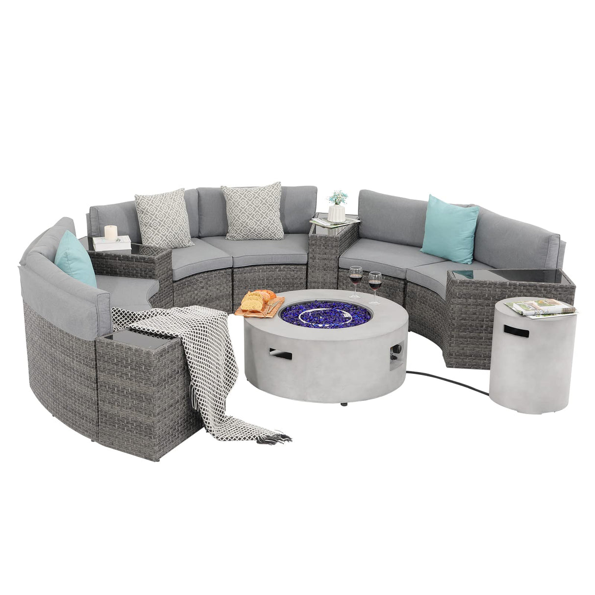SUNSITT 12 Piece Patio Furniture Set with Propane Fire Pit Half-Moon Patio Set Outdoor Round Sectional Sofa with 36" Grey Gas Fire Table & Tank Holder, Grey Rattan SUNSITT