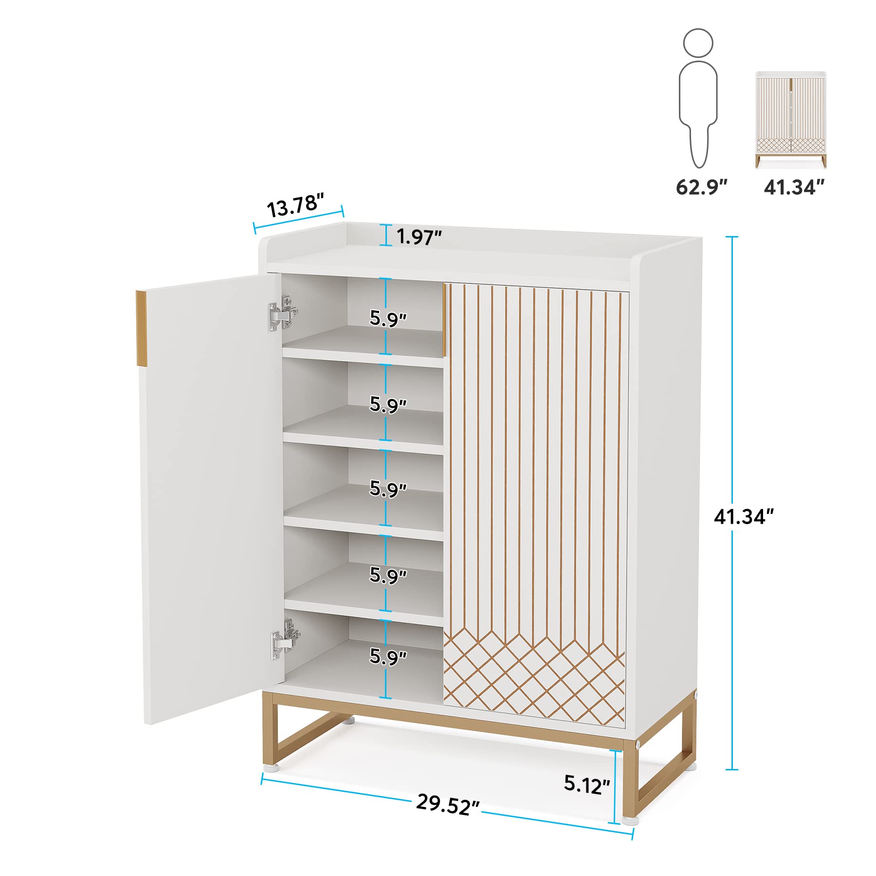 Tribesigns White, 25 Pair Shoe Cabinets with Doors, 5-Tier Modern Shoe Rack Organizer Cabinet, Freestanding Wood Storage Cabinet with Gold Metal Frame for Bedroom Hallway Living Room - WoodArtSupply