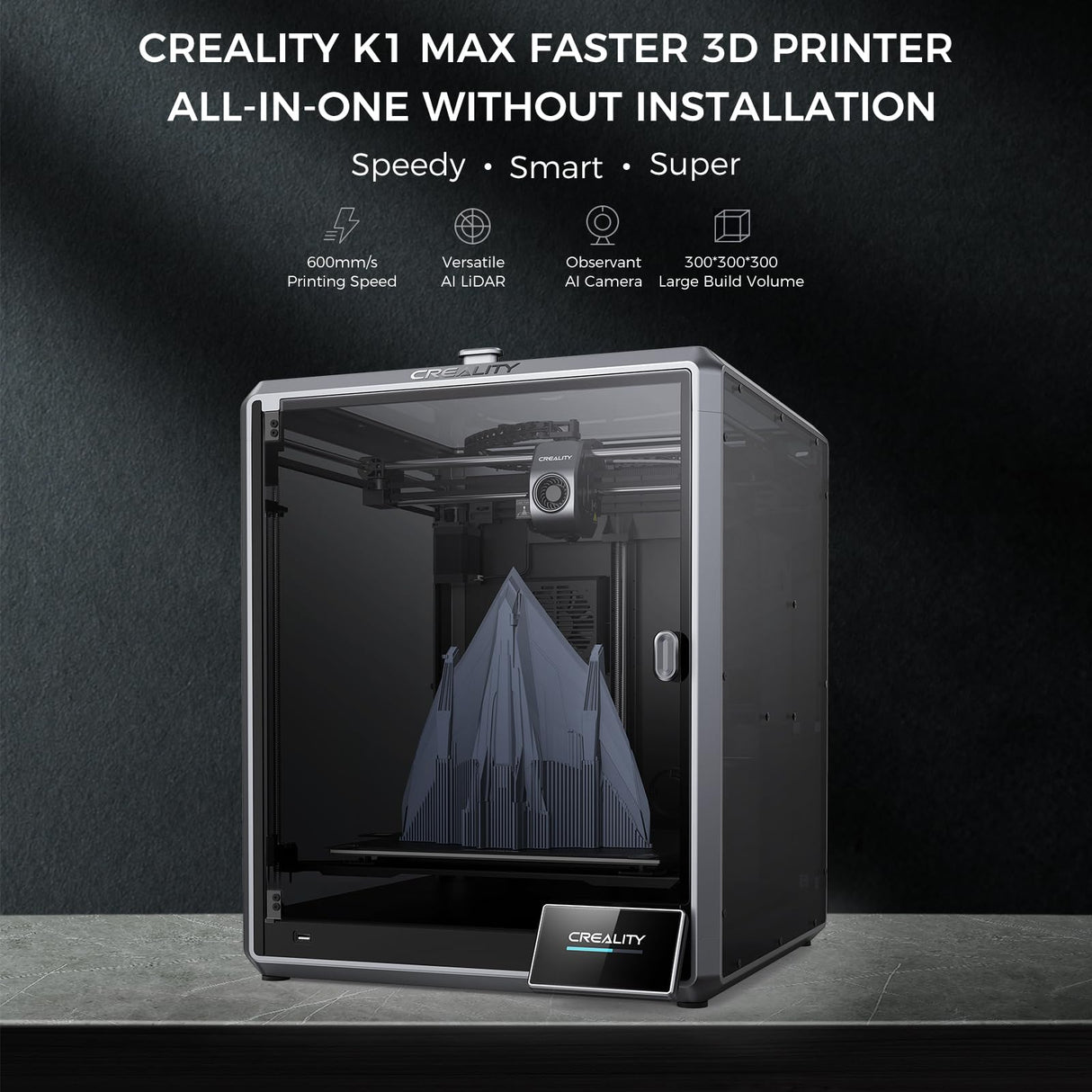 Creality K1 MAX 3D Printer Upgrade with 600mm/s Printing Speed 300°C High-Temperature Nozzle Direct Extruder Hands-Free Auto Leveling Dual Z Axes Stable Cube Frame 11.81x11.81x11.81inch Creality