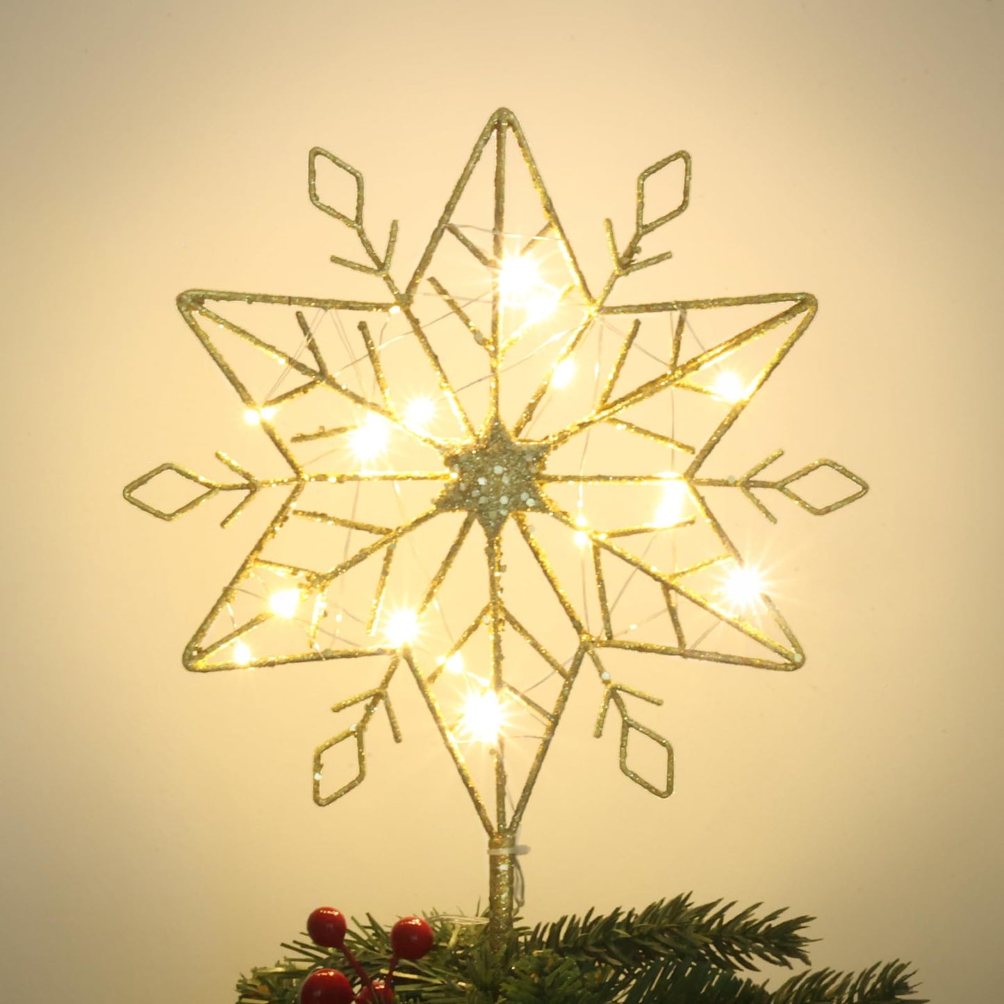 Christmas Tree Topper, PHITRIC 10 Inches Lighted Gold Snow Tree Topper, 20 LED Lights Gold Glitter Powder Tree Toppers Christmas Decorations, Battery Powered Timer Xmas Treetop Star Decor