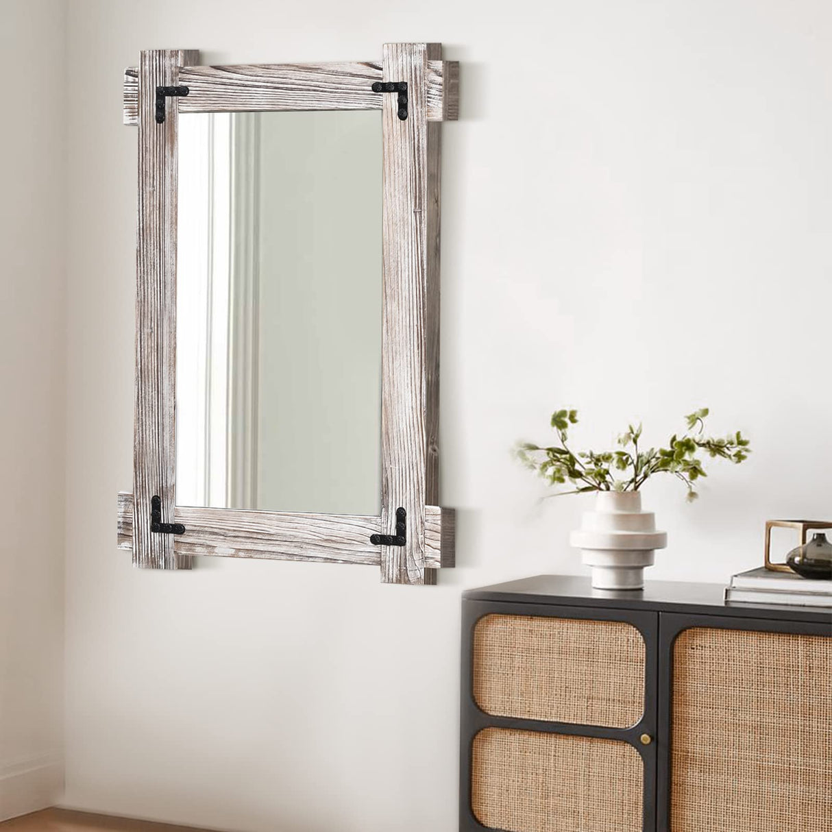 MeMoreCool Farmhouse Rustic Wood Framed Bathroom Mirror, Decorative Wall Mounted Rectangular Mirror for Bedroom, Living Room, or Bathroom, 24x36 Inch, White MeMoreCool