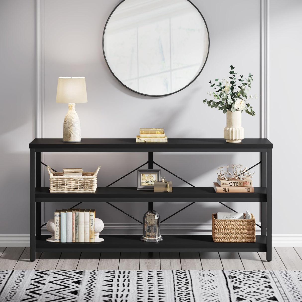 Tribesigns 55-Inch Industrial Sofa Table, 3-Tier Console Table with Metal Frame and Open Shelves, Modern Decorative Shelf, Open TV Shelf for Living Room, Entryway, Hallyway (Black) Tribesigns