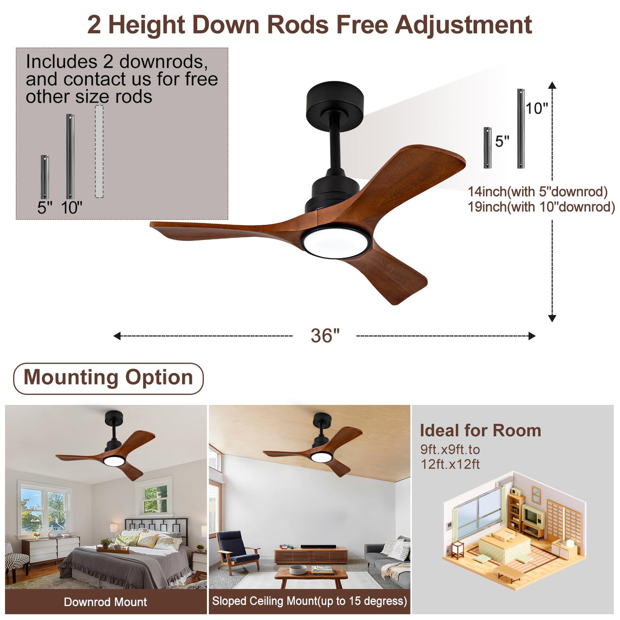36 Inch Ceiling Fans with Lights and Remote, Black 3 Blade Wood Outdoor Ceiling Fan with Light Outdoor Ceiling Fans for Patios, Bedroom Ceiling Fan for Modern Living Room Patio Indoor Office VCQQ