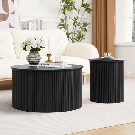 Fluted Round Nesting Coffee Table Set of 2, Mid Century Modern Wood Coffee Table and End Table Set, Minimalist Center Tables Circle Side Table for Living Room, Office(Black RUSTYER