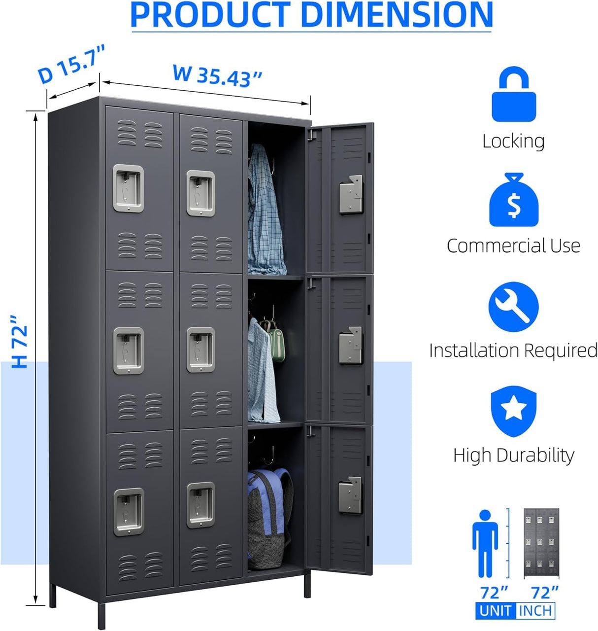 GangMei Metal Lockers for Employees with Loc, Locker Storage Cabinet with 18 Hooks&9 Doors, Steel Storage Locker Cabinet for School, Office, Gym, Bedroom,Assembly Required (Dark Grey) GangMei