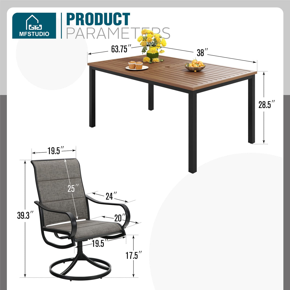 MFSTUDIO 7 Pieces Patio Dining Sets,Outdoor Furniture Set Including 1x 64 Rectangle Wood-like Table Table and 6 Padded Sling Swivel Chairs Metal Dining Set for Backyard,Garden,Deck MFSTUDIO