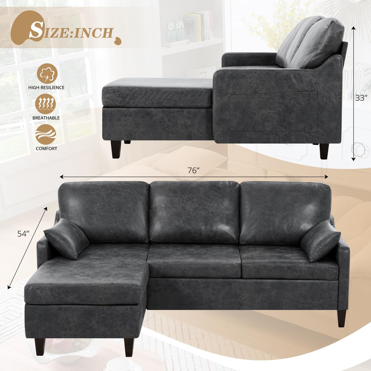 ACMEASE 76" Sectional Sofa Couch with Reversible Chaise, Suede Leather L Shaped Sofa w/USB Charger Ports & Storage Bag, Convertible Modern Couch w/Storage Space for Living Room, Small Space, Grey ACMEASE