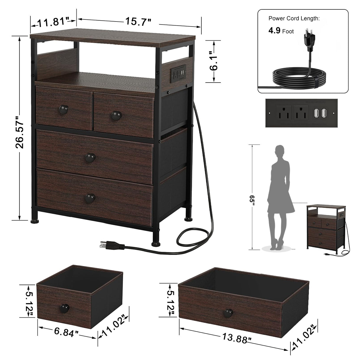 REAHOME Nightstand with Charging Station and LED Light, Tall Brown Night Stand with 4 Drawers and 2-Tier Shelf, Modern End Table with Wooden Top for Bedroom, Living Room, Hallway - Rustic Brown REAHOME