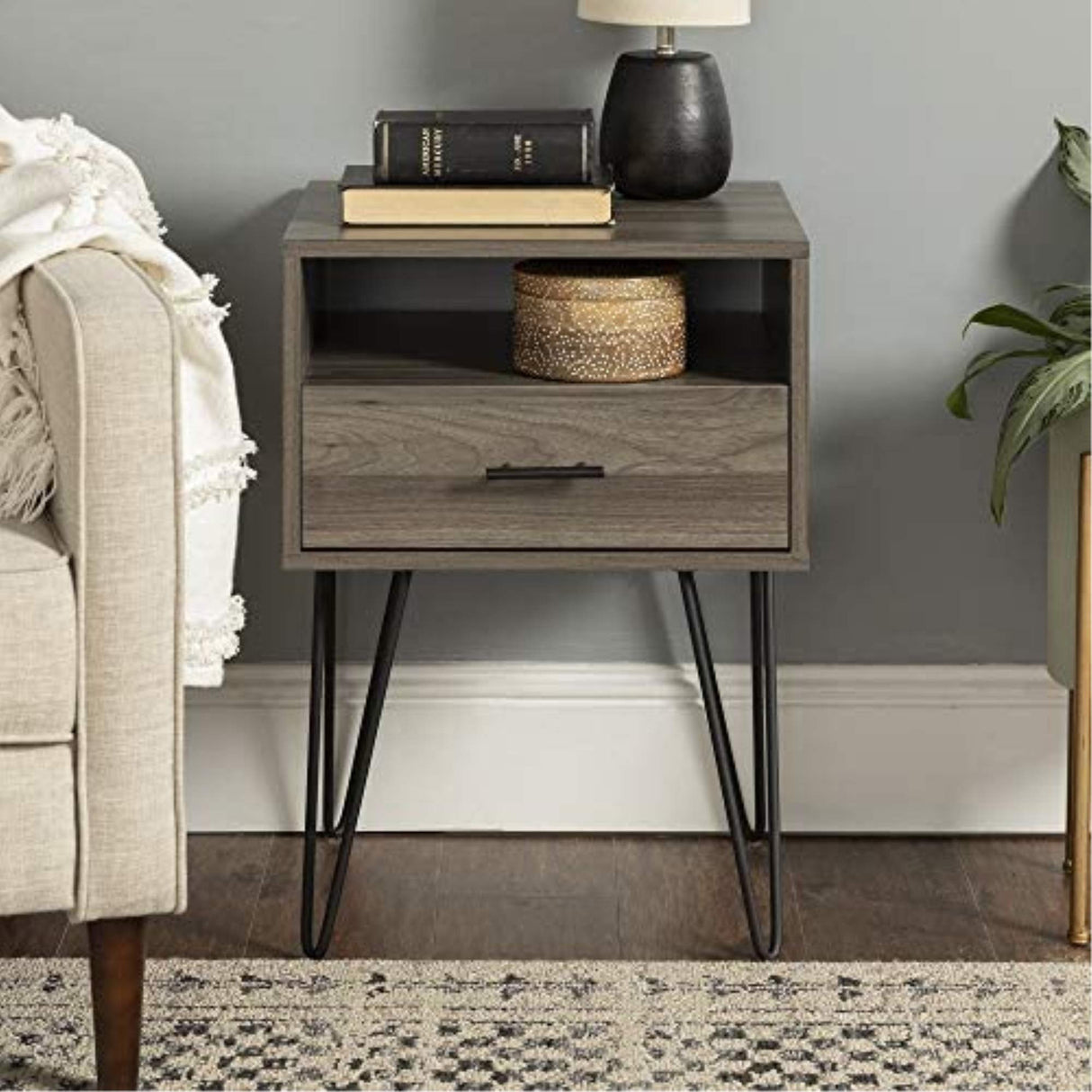 Walker Edison Modern Farmhouse Grooved Door Wood Side Accent Table Living Room Storage Small End Table With Cabinet Door, 18 Inch, Slate Grey Walker Edison