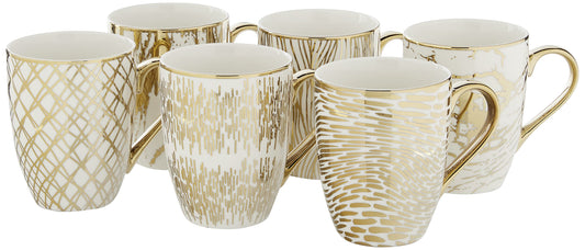 Matrix Gold Porcelain Gold-Plated Coffee Mug Set - Elegant 16 oz Luxury Coffee Mugs, Gold Trim Mug with Unique Designs, Premium White and Gold Accent Porcelain Tea Mug, Giftable Drinkware (6-Piece)