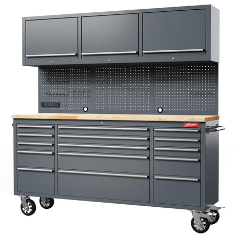 HAUTMEC 72" Rolling Tool Chest, Mobile Garage Workbench, Heavy-Duty Tool Cabinet on Wheels with 15 Drawers, 3 Upper Cabinets, Pegboard & 51 Hooks, Oak Work Surface & Power Strip – HT0428 HAUTMEC