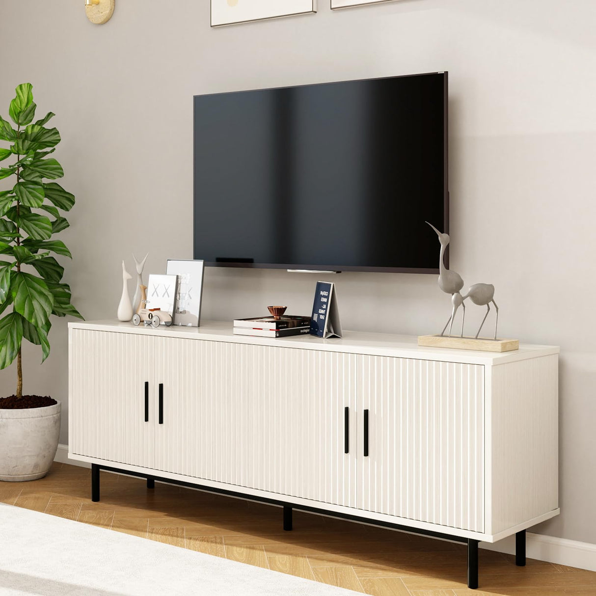 MUUEGM Modern TV Stand for Televisions up to 80 Inch, Entertainment Center with Storage, Cabinet with Fluted Door and Adjustable Shelf, Console Table and Media Furniture for Living Room, White MUUEGM