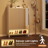 Condemo Shoe Cabinet with Doors, 7-Tier Freestanding Shoe Organizer with Mirror & LED Light, Adjustable Shoe Storage for Entryway, Hallway, Closet, Modern Shoe Rack, White Condemo