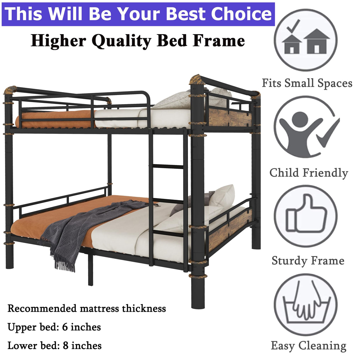 FUSVZ Heavy Duty Metal Queen Over Queen Bunk Beds for Adults Kids Teens, Convertible Industrial Bunk Bed with Guard Rails & Soft-Pack Vertical Ladder, Weight Capacity 600LBS (Black) FUSVZ