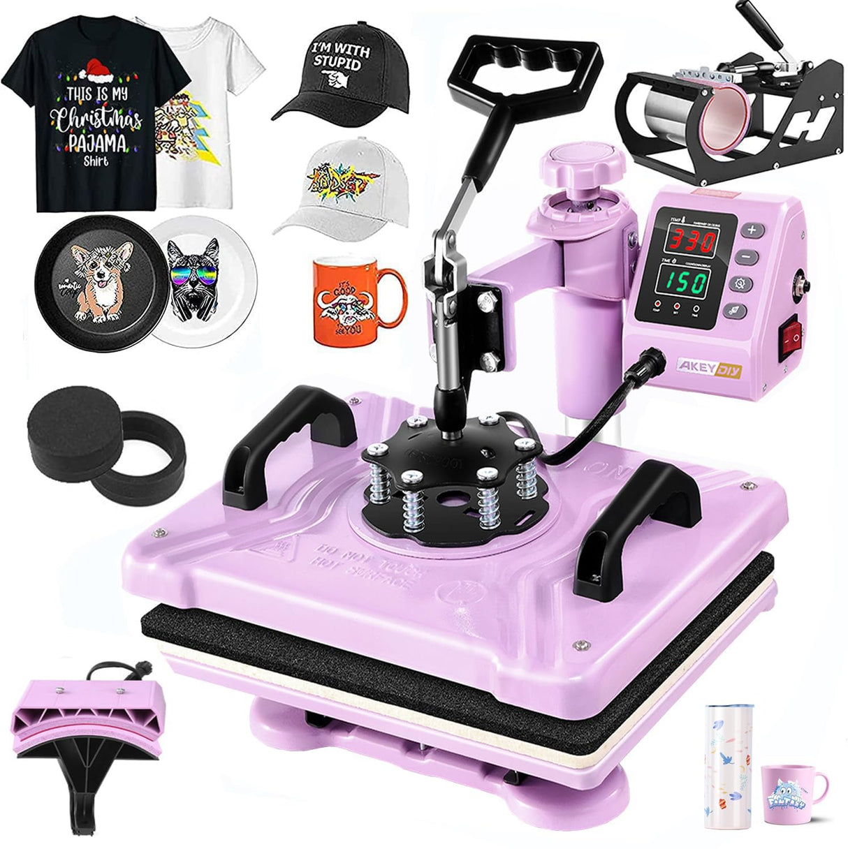 AKEYDIY 5 in 1 Heat Press Machine for t Shirts Professional Swing Away Heat Press Digital Combo 12" x 15" 360-degree Rotation Shirt Press Machine Sublimation (5 in 1 Heat Press Pink) AKEYDIY