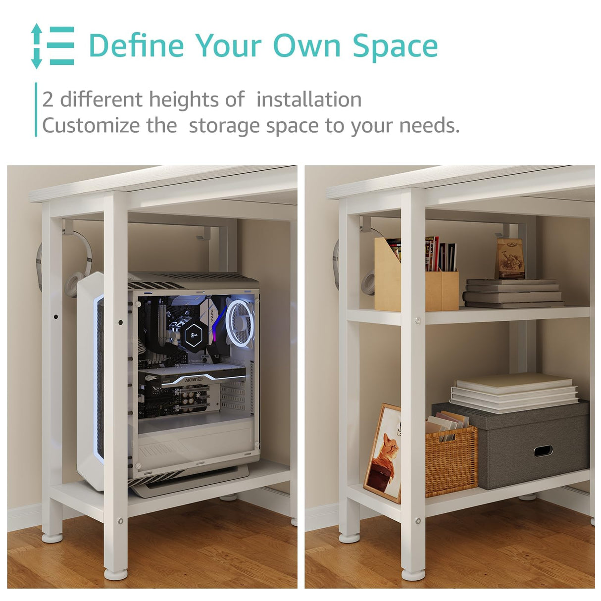 Lufeiya White Gaming Desk with LED Lights and Power Outlets, 47 inch Home Office Desk with Monitor Stand, Computer Gaming Desk with Fabric Drawers and Storage Shelves, White Lufeiya