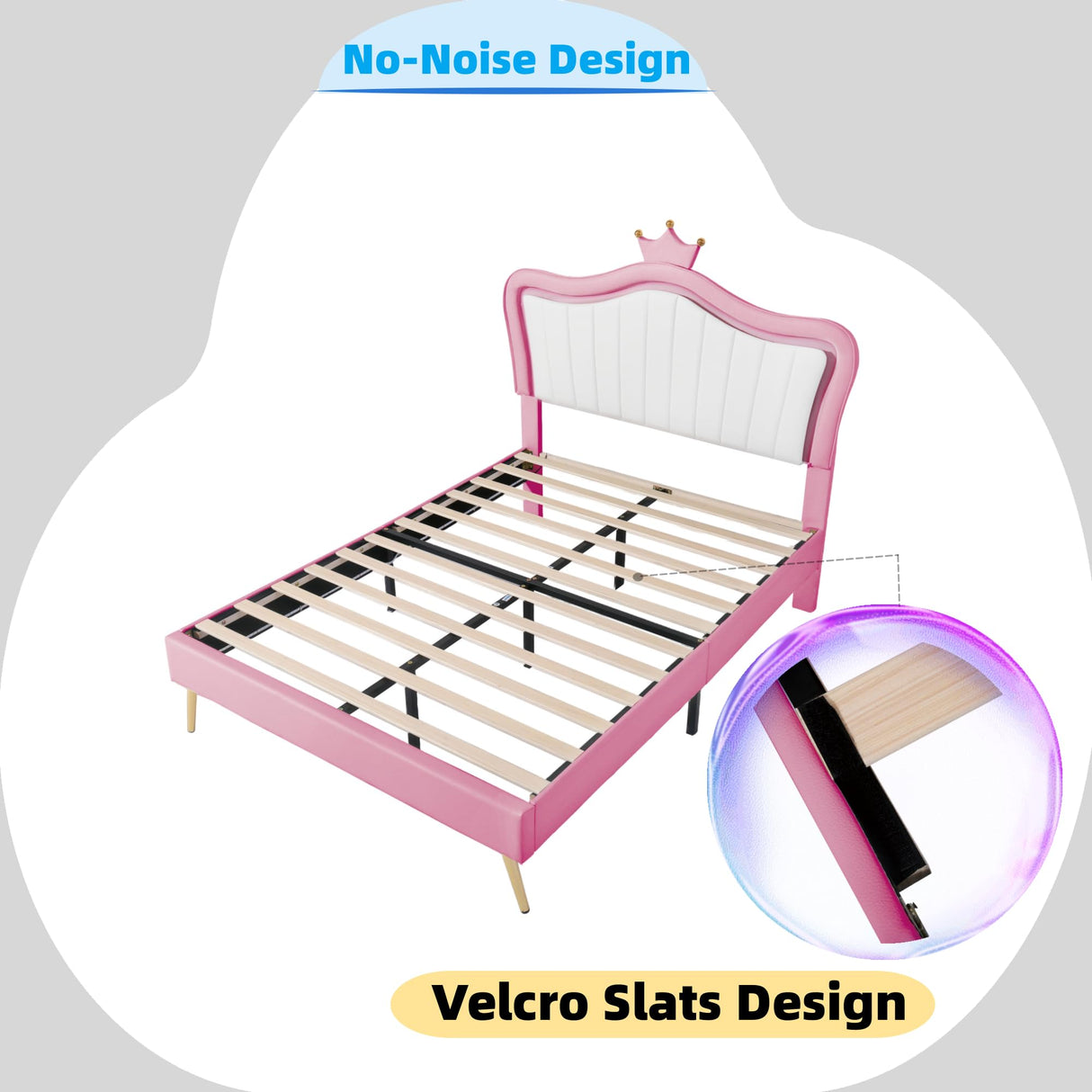 Linique Full Size Upholstered Bed Frame with LED Lights, Modern Upholstered Princess Bed with Crown Headboard, White+Pink Linique