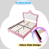 Linique Full Size Upholstered Bed Frame with LED Lights, Modern Upholstered Princess Bed with Crown Headboard, White+Pink Linique