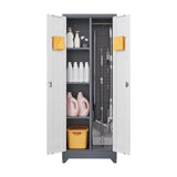 FLEXIMOUNTS 65'' Tall Metal Storage Cabinet with Locking Door, Large Cleaning Tool Organizer for Brooms, Garage, Laundry Room, Bathroom, Grey-White FLEXIMOUNTS