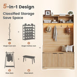 Maupvit 67" Entry Way Coat and Shoe Rack, 5-in-1 Hall Tree with Bench and Shoe Storage, Adjustable LED Sensor Light, Wood Coat Tree with Seat Stool & Hooks for Hallway, Mudroom, Light Walnut Maupvit