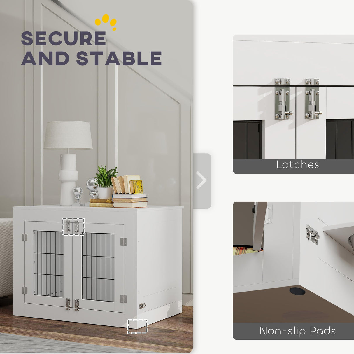 PawHut Dog Crate Furniture w/ 360° Rotatable Removable Dog Bowls, Dog Kennel Furniture w/Two Doors, Non-Slip Foot Pads, Furniture Dog Crate End Side Table for Medium Dogs, 31.5" x 24" x 25", White PawHut