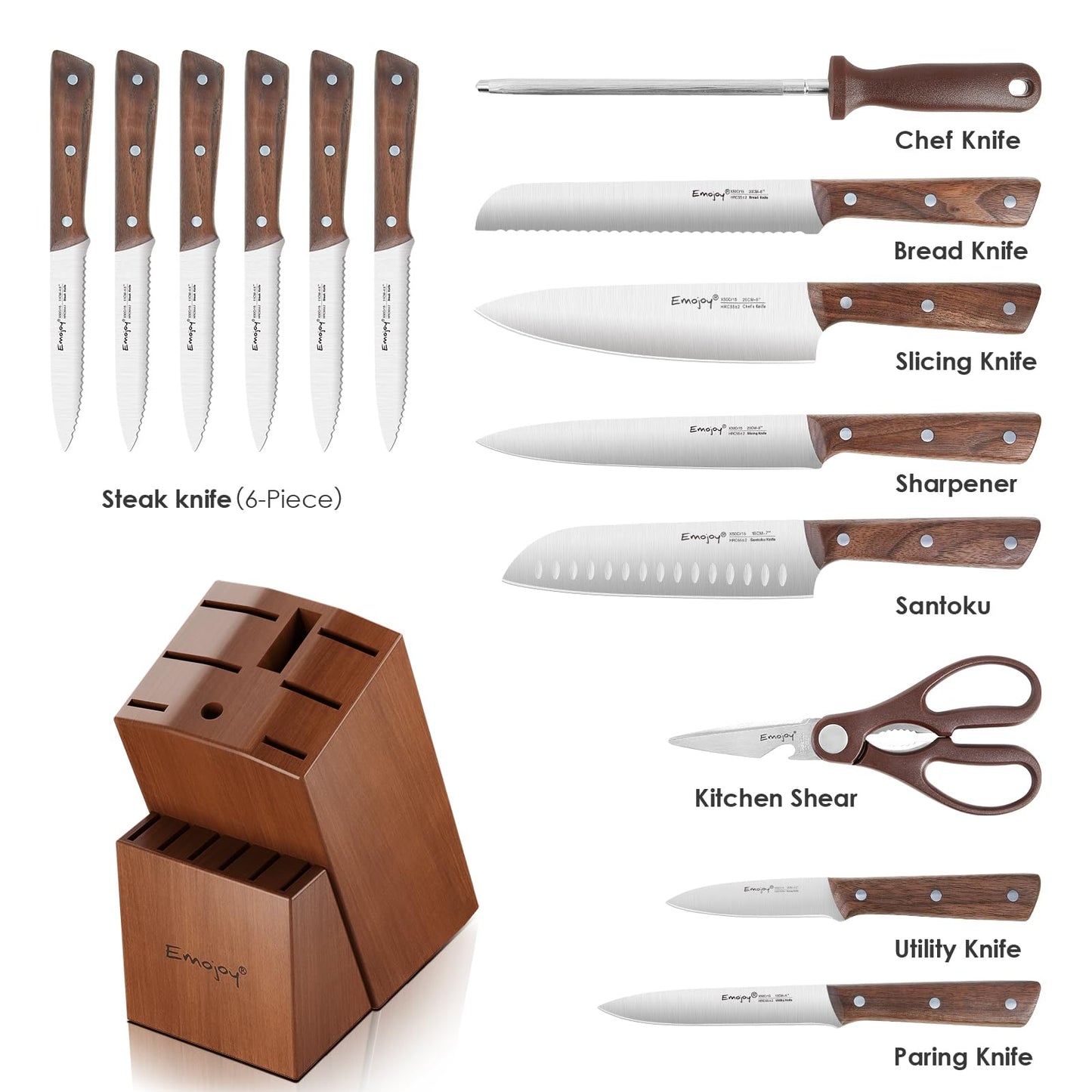 Emojoy Knife Set, 15-Piece Kitchen Knife Set with Block Wooden, Kitchen Knives Sharpener and Scissors German Stainless Steel (Brown) - WoodArtSupply