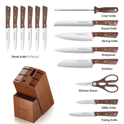 Emojoy Knife Set, 15-Piece Kitchen Knife Set with Block Wooden, Kitchen Knives Sharpener and Scissors German Stainless Steel (Brown) - WoodArtSupply