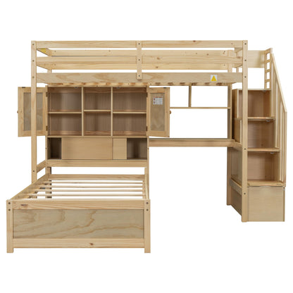 Harper & Bright Designs Twin Size Loft Bed with Built-in Desk and Staircase, Wood Twin Over Twin Bunk Bed with Storage Compartments and Shelves, L-Shaped Design, Natural