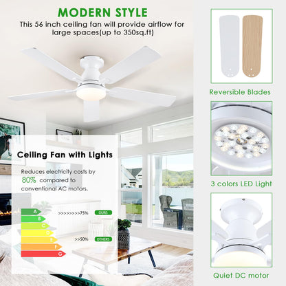 Ceiling Fans with Lights- 52" Low Profile Indoor Ceiling Fan with Light and Remote/APP Control, Flush Mount, LED Dimmable DC Reversible Modern Ceiling Fan for Bedroom（White）