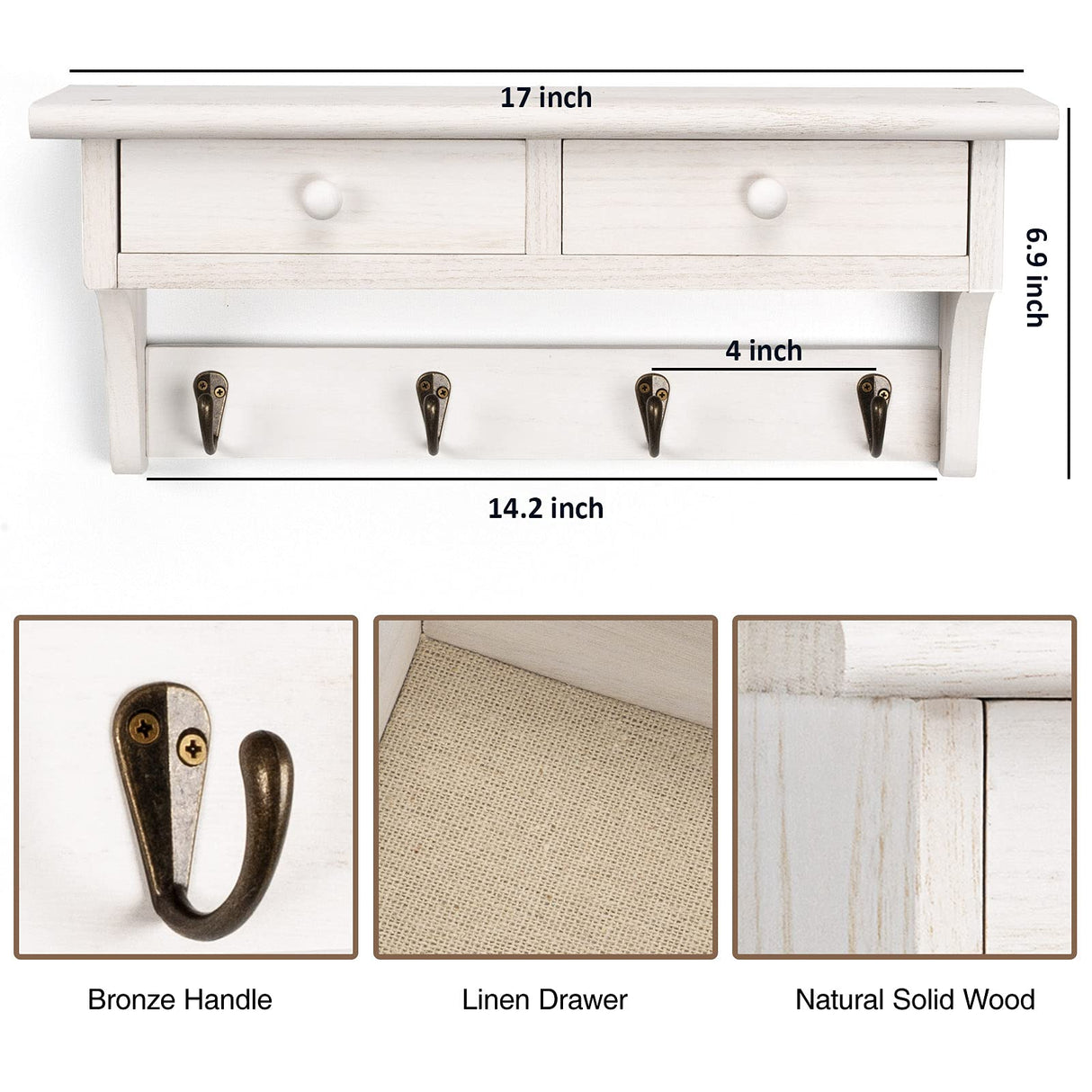 Emfogo Coat Hooks Wall Mounted, Rustic Wood Coat Rack Wall Mount Shelf with Hooks, Farmhouse Wall Coat Rack with Shelf & Coat Hook for Entryway, Mudroom, Bedroom, Kitchen, Bathroom (White) Emfogo