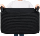 Goodpick Large Blanket Basket Living Room, 21.6" x 14.9" x 11.8" Woven Storage Basket for Blankets, Toys, Rectangle Rope Dirty Clothes Baskets for Nursery, Bedroom, Black Goodpick