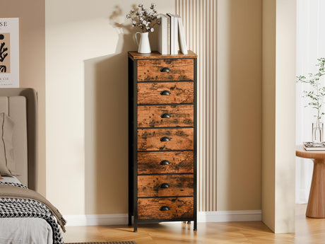 Furnulem Dresser with 7 Drawers,Tall Chest of Drawers Industrial Fabric Dresser for Bedroom,Vertical Storage Tower Bedside Furniture in Living Room,Closet,Entryway-Sturdy Steel Frame(Rustic Brown) Furnulem