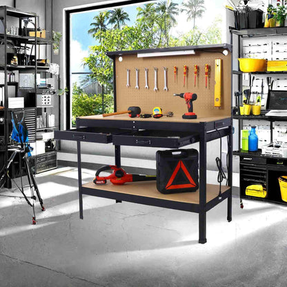 FRITHJILL Heavy-Duty Workbench with Pegboard, Two Drawers, and LED Light, Multipurpose Garage Workstation - WoodArtSupply