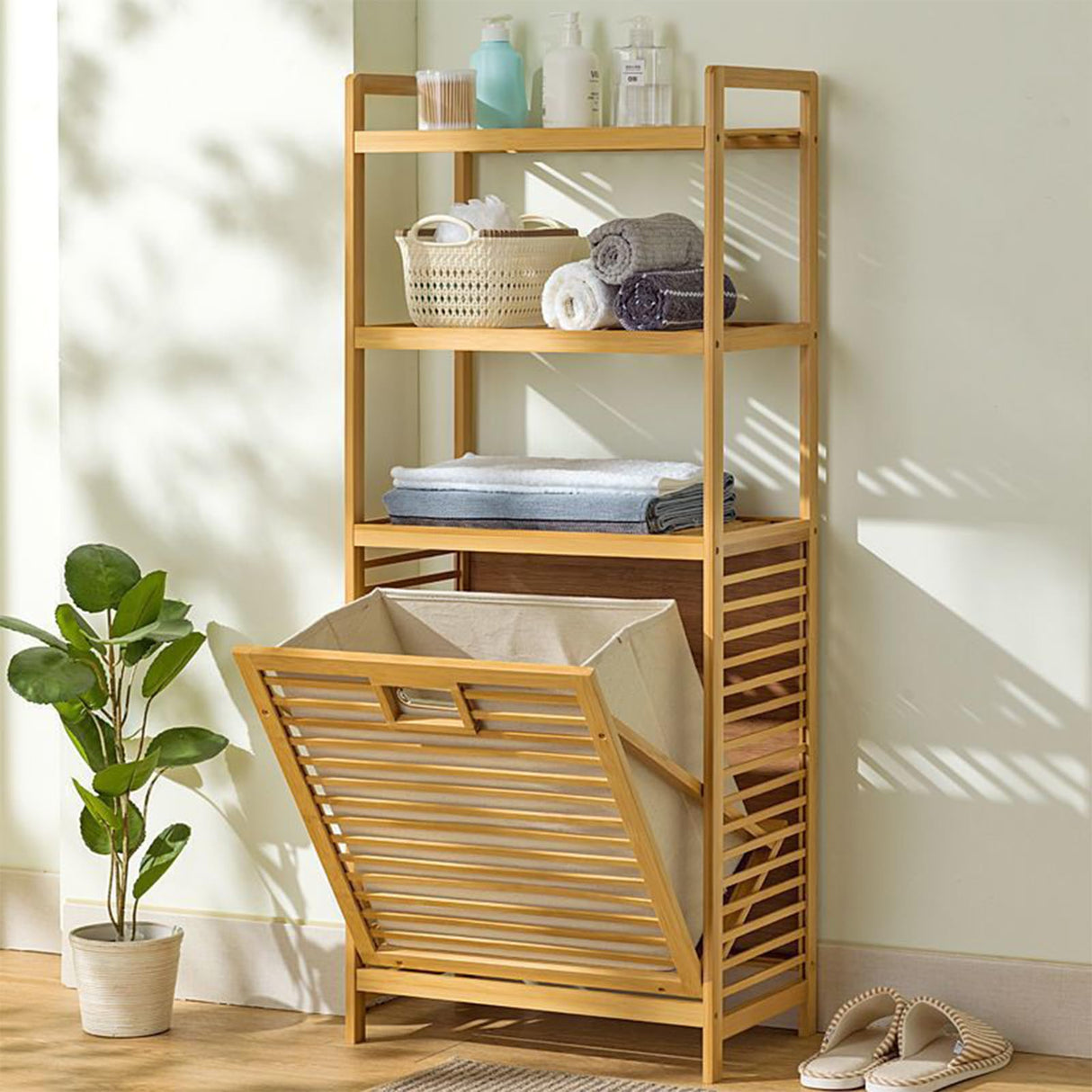 Bamboo Tilt-Out Laundry Hamper with Shelf & Removable Liner, 4 Tiers Freestanding Laundry Shelf Bathroom Storage Shelf Cabinet with Storage Basket for Bedroom Bathroom BuufuS