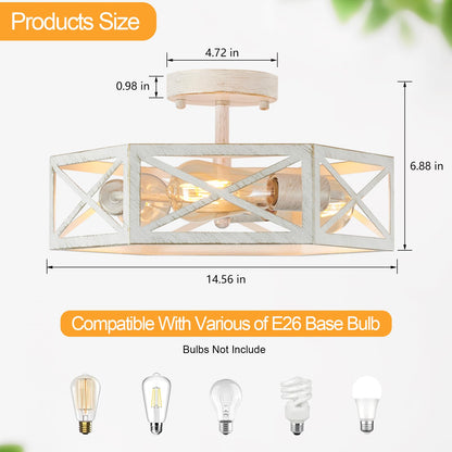 XSDeTu 3-Light Flush Mount Ceiling Light Fixture, Modern Close to Ceiling Light with White Metal Hexagon Cage, Farmhouse Ceiling Light for Bedroom, Hallway, Entry, Foyer, Kitchen