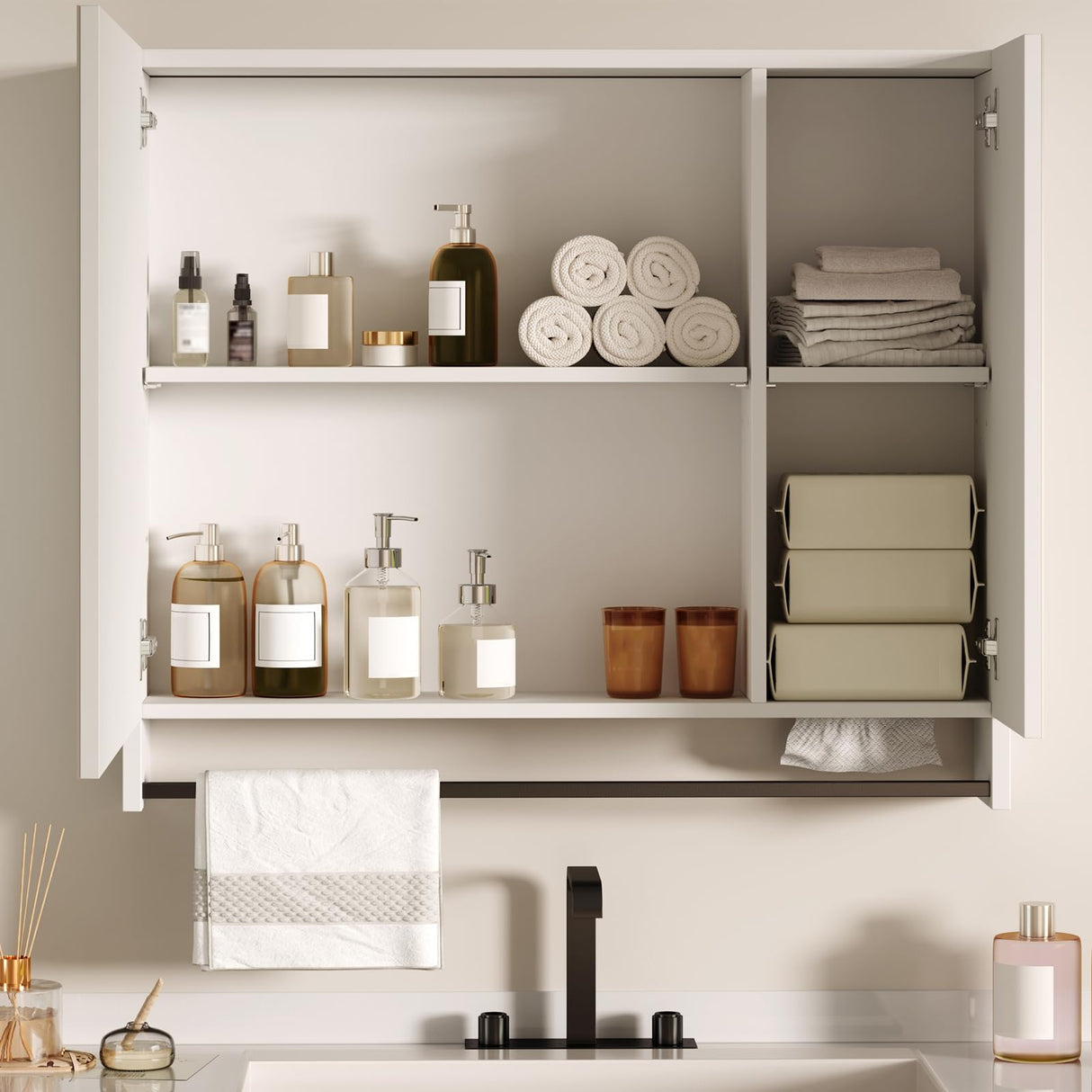 ChooChoo Lighted Bathroom Medicine Cabinet with Mirror, Wall-Mounted Bathroom Wall Cabinet with Mirror Doors, LED Lights, Adjustable Shelves, Towel Bar, White ChooChoo